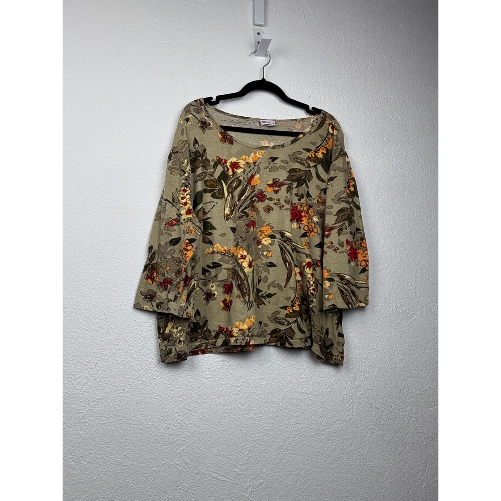 American Sweetheart Olive Green Floral Top - XXL - Cotton 3/4 Sleeve Earthy Fall
